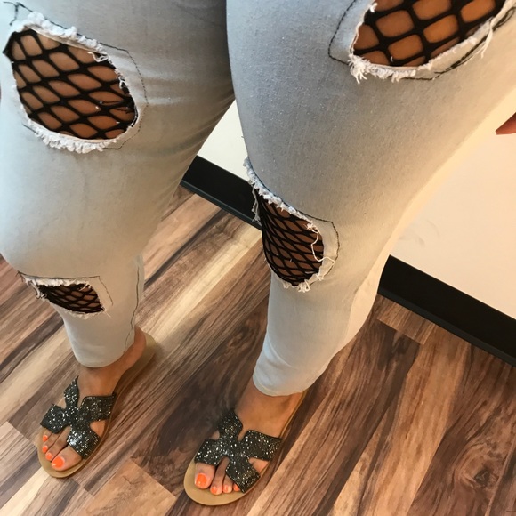 ‼️ Black Net Insert Waist Band Jean Jeggings - Picture 3 of 8